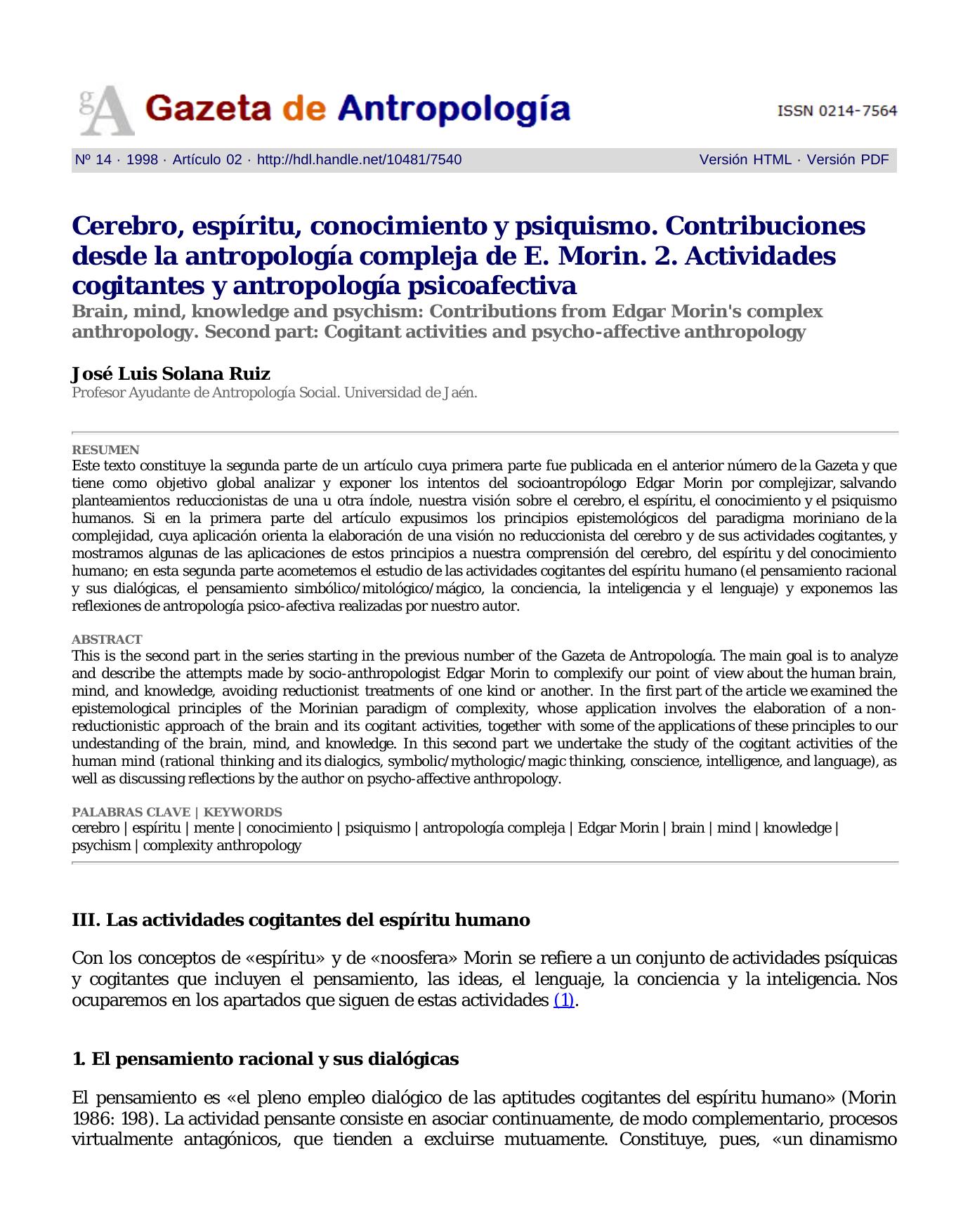 Cerebro, espiritu, conocimiento y psiquismo. contribuciones desde la antropologia compleja de E. Morin. 2. Actividades cofitantes y antropologia psicoafectiva